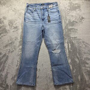 Express Jeans Womens 10R Blue Cropped Flare High Rise Distressed Stretch Denim